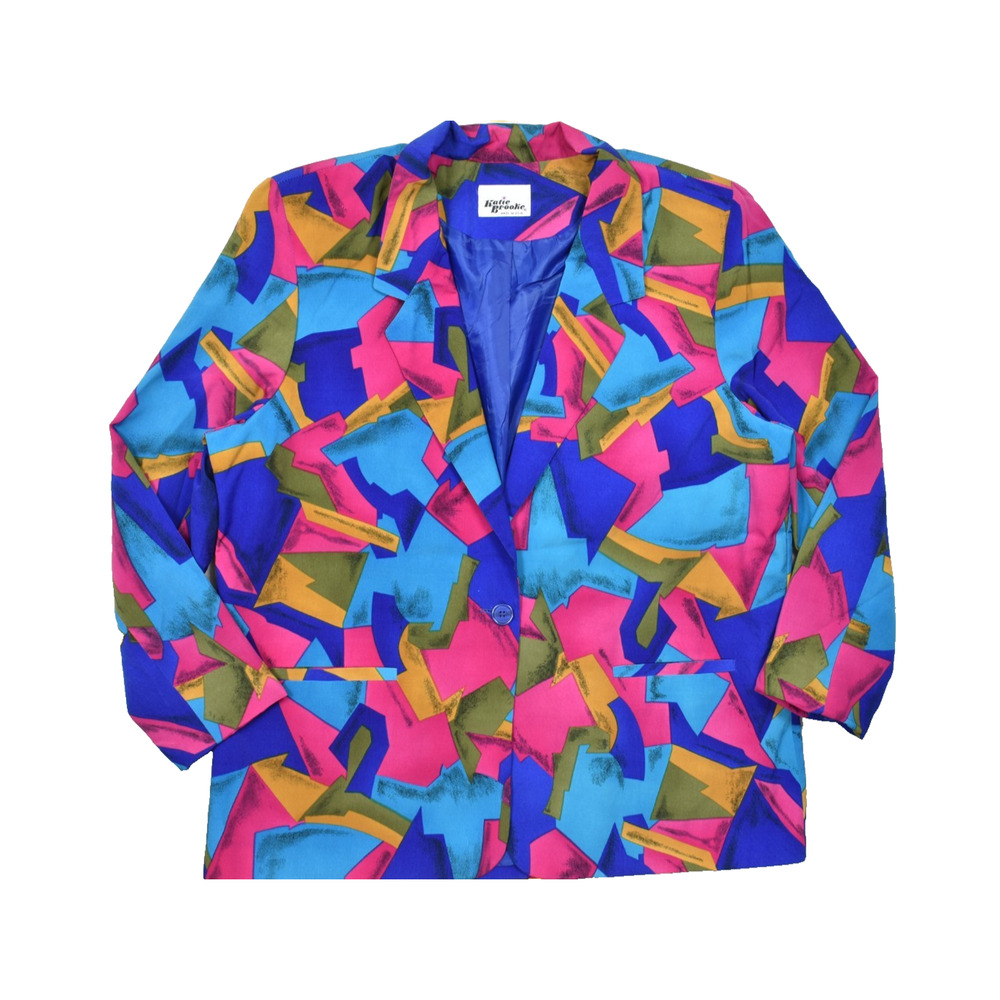 Katie Brooke Vintage 80s 90s Abstract Geometric Blazer Jacket Made in USA Blue